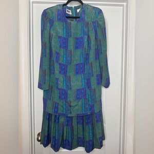 Vintage Leslie Fay Women’s Turquoise Purple Dress with Gold Button Accents